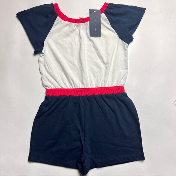 Tommy Hilfiger Girls Logo Red White Blue Short Sleeve Drawstring Romper Sz 4-6x - Picture 4 of 13